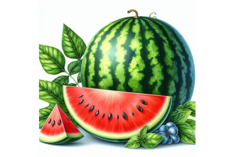 4-watercolor-whole-watermelon-with-slice-and-leaves-isolated-on-white