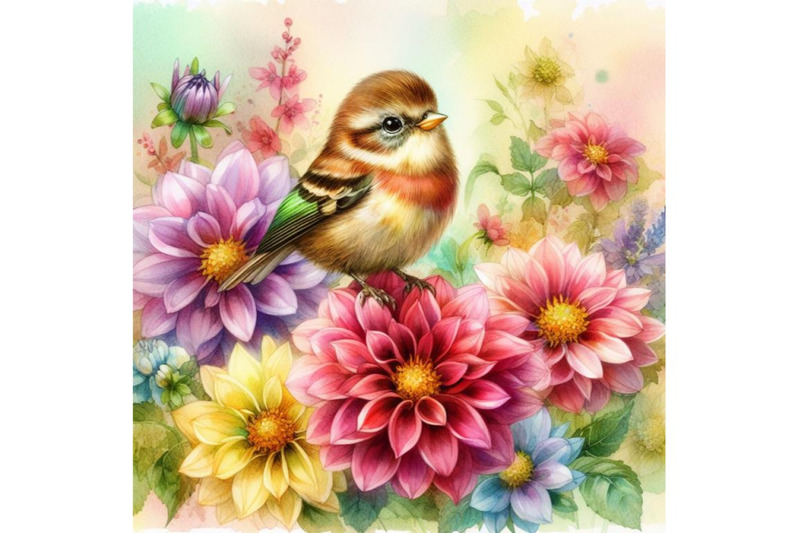 4-watercolor-a-little-bird-and-blooming-dahlia-flowers-colorful-backg