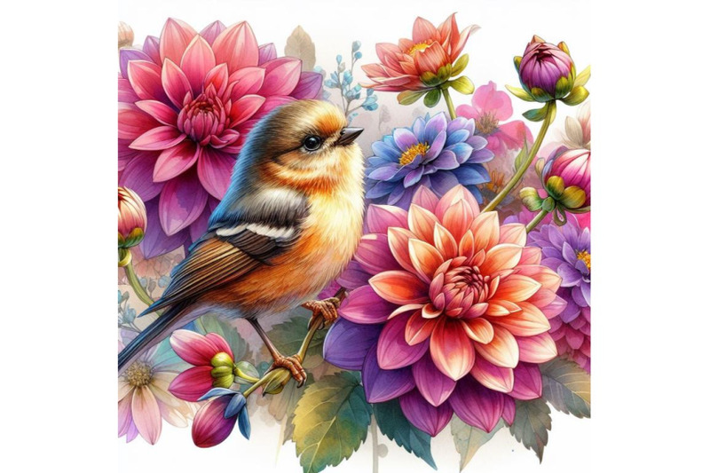 4-watercolor-a-little-bird-and-blooming-dahlia-flowers-colorful-backg