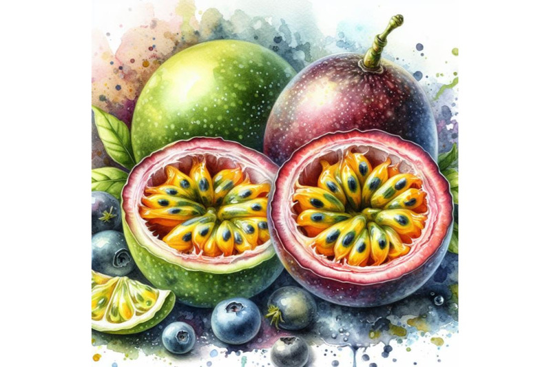 4-watercolor-a-passion-fruit-and-a-half-passion-fruit-colorful-backgro