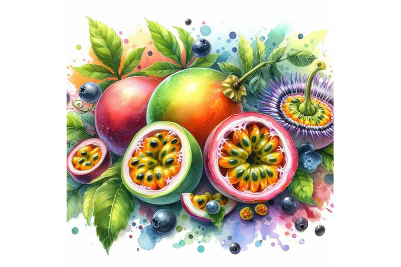 4-watercolor-a-passion-fruit-and-a-half-passion-fruit-colorful-backgro