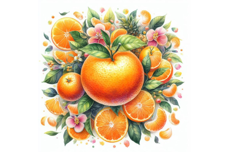 4-watercolor-mandarin-orange-on-white-ground-colorful-background