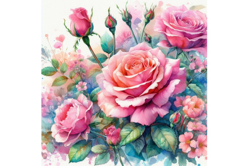 4-watercolor-a-flowering-pink-rose-with-a-bud-colorful-background