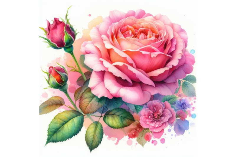 4-watercolor-a-flowering-pink-rose-with-a-bud-colorful-background