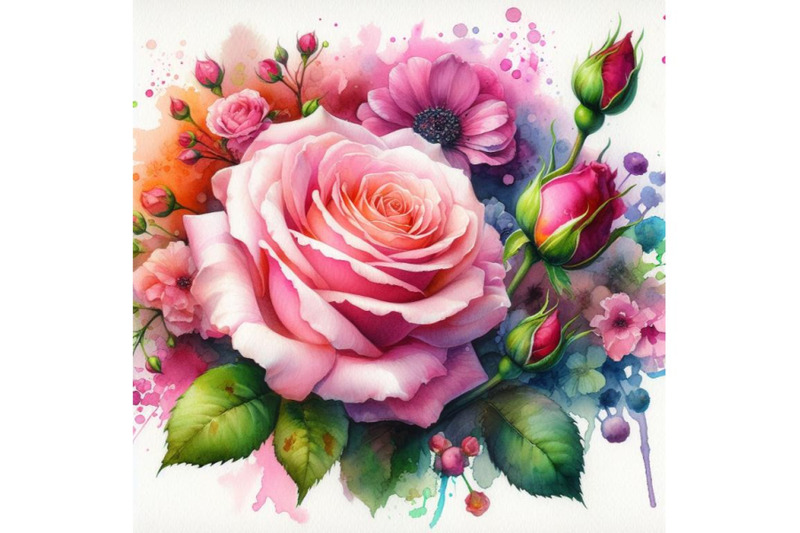 4-watercolor-a-flowering-pink-rose-with-a-bud-colorful-background