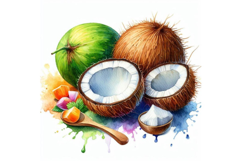 4-watercolor-coconut-on-a-white-background-colorful-background