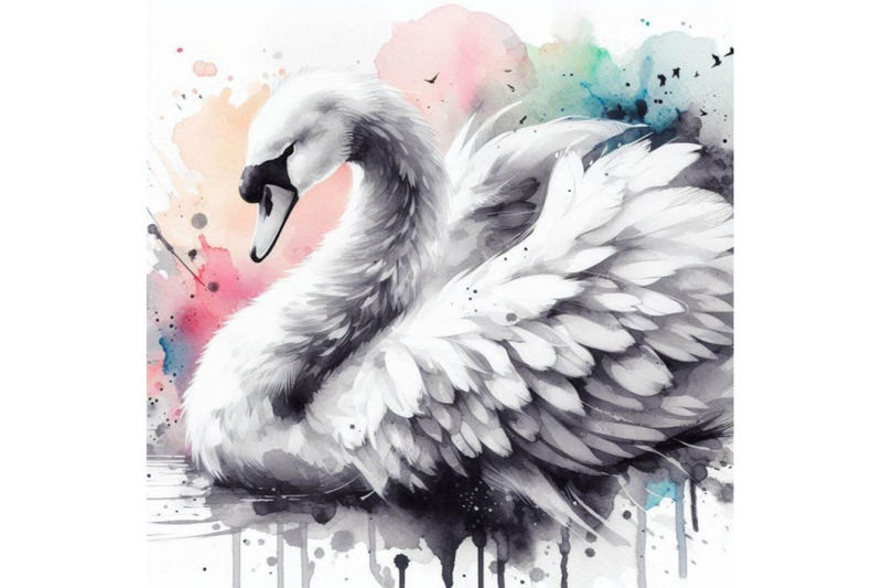 4-white-swan-with-long-plumage-in-monochrome-graphic-design-colorful