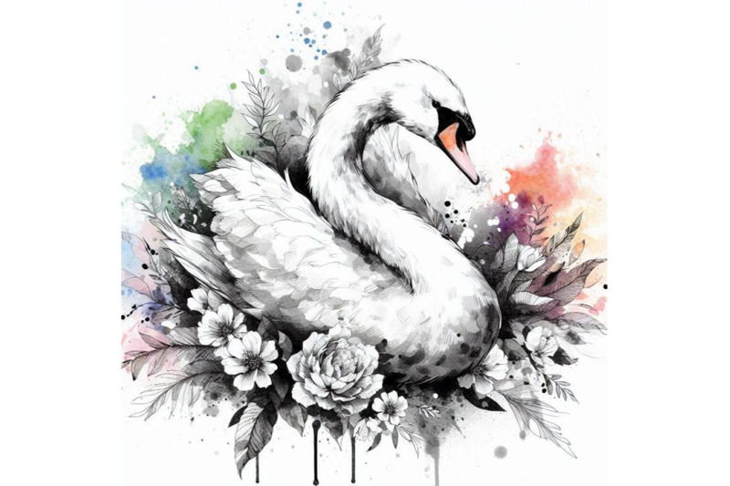 4-white-swan-with-long-plumage-in-monochrome-graphic-design-colorful