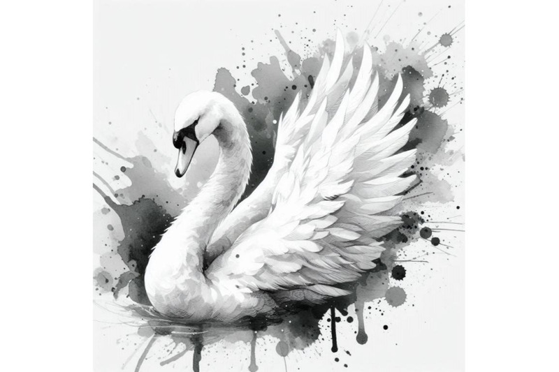 4-white-swan-with-long-plumage-in-monochrome-graphic-design-colorful