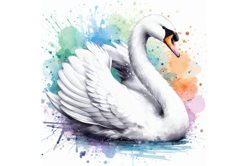 4-white-swan-with-long-plumage-in-monochrome-graphic-design-colorful