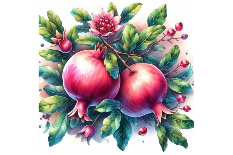 4-watercolor-illustration-of-pomegranates-on-a-branch-with-leaves-colo