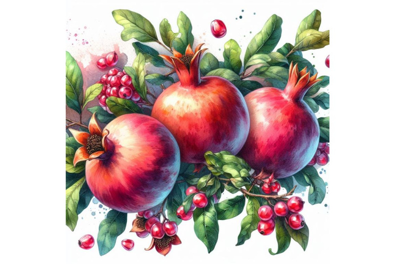 4-watercolor-illustration-of-pomegranates-on-a-branch-with-leaves-colo