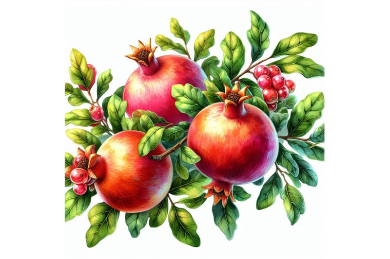 4-watercolor-illustration-of-pomegranates-on-a-branch-with-leaves-colo