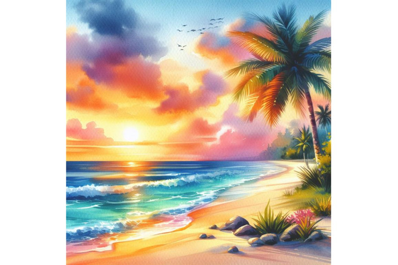 4-watercolor-summer-sunset-beach-beach