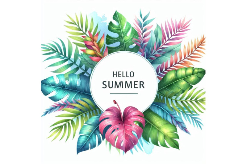 4-watercolor-hello-summer-tropical-leaves-frame-vector-card-template