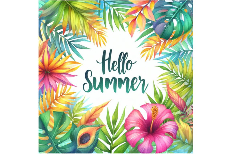 4-watercolor-hello-summer-tropical-leaves-frame-vector-card-template