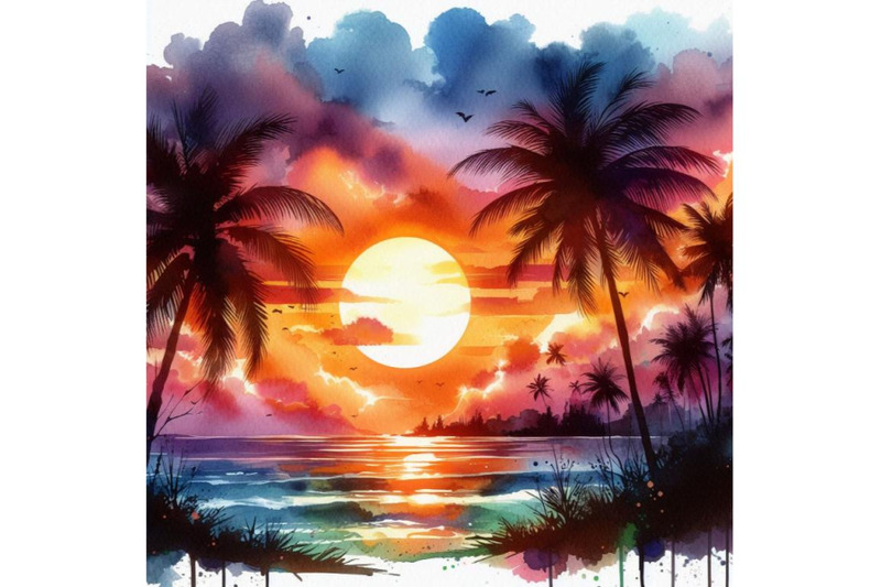 4-watercolor-sunset-on-the-beach-with-palm-silhouette-vector-colorful