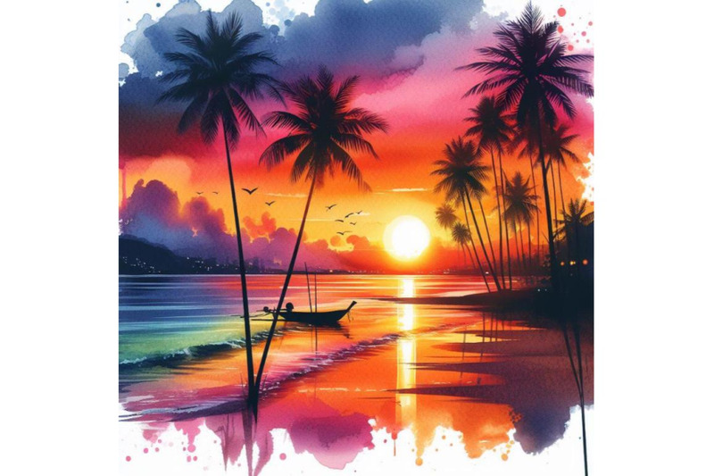 4-watercolor-sunset-on-the-beach-with-palm-silhouette-vector-colorful