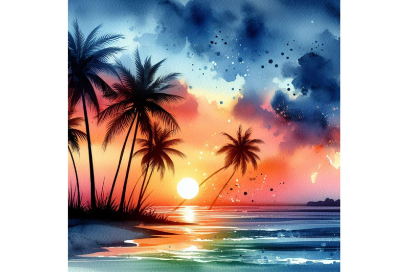 4-watercolor-sunset-on-the-beach-with-palm-silhouette-vector-colorful