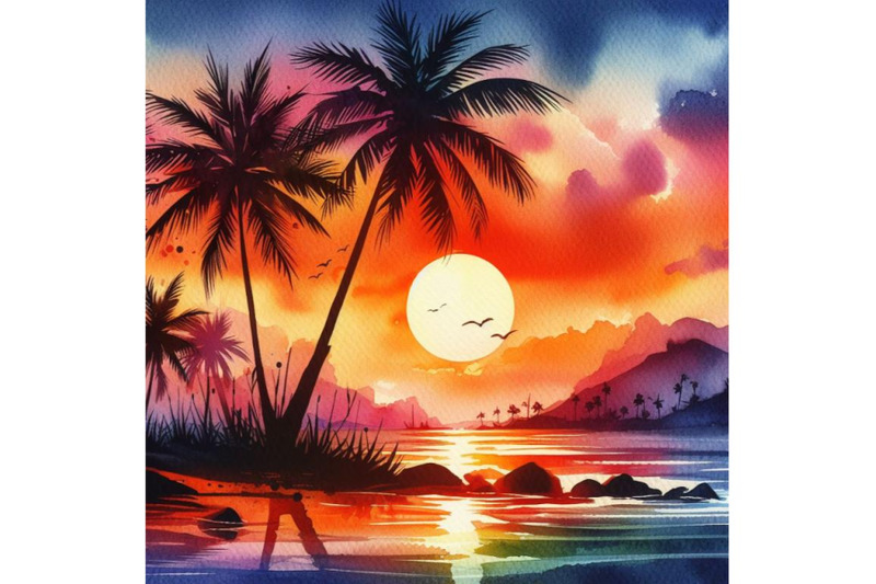 4-watercolor-sunset-on-the-beach-with-palm-silhouette-vector-colorful