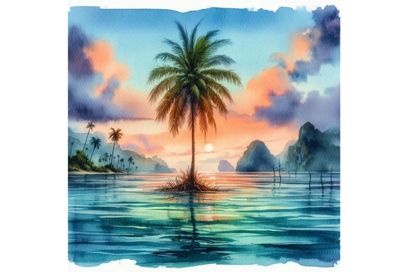 4-watercolor-lonely-palm-tree-in-the-middle-of-ocean-on-background-of