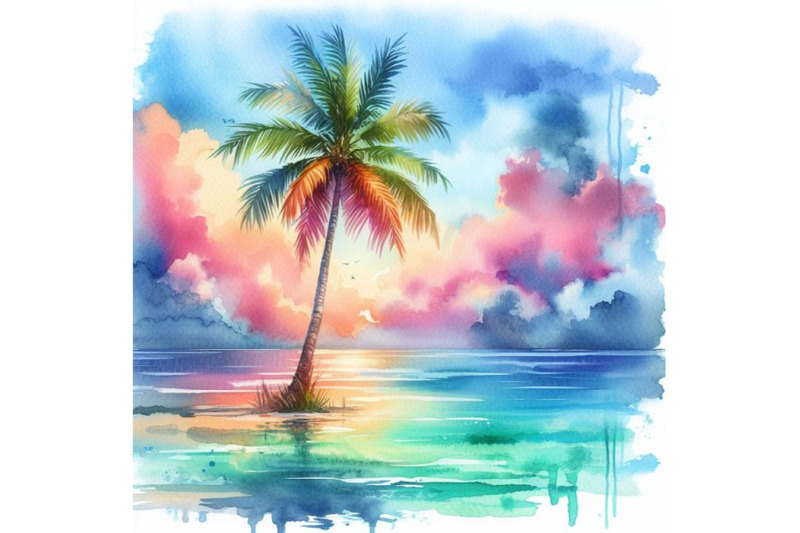 4-watercolor-lonely-palm-tree-in-the-middle-of-ocean-on-background-of