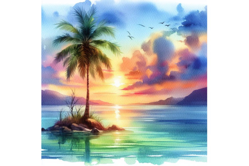 4-watercolor-lonely-palm-tree-in-the-middle-of-ocean-on-background-of