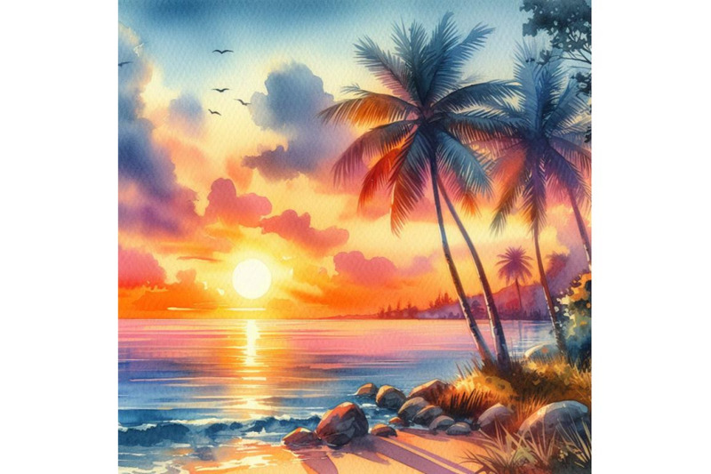 4-watercolor-tropical-sunset-seascape-with-palm-tree-clouds-and-bright