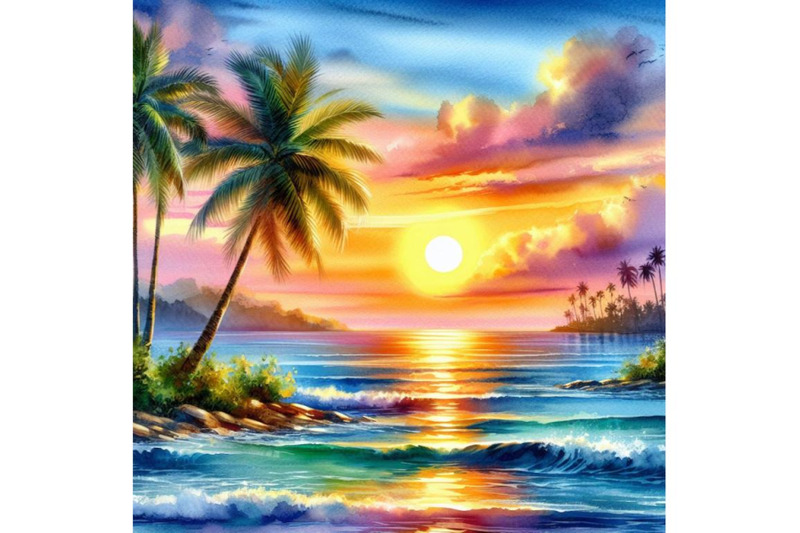 4-watercolor-tropical-sunset-seascape-with-palm-tree-clouds-and-bright