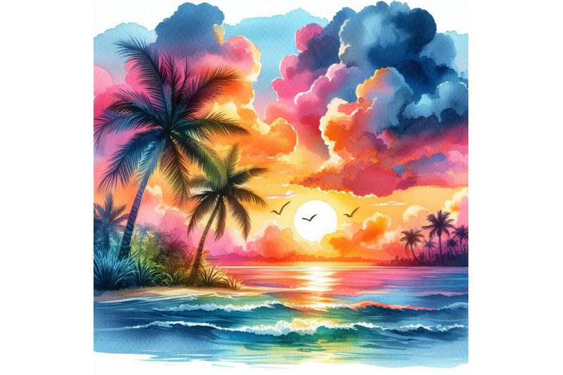 4-watercolor-tropical-sunset-seascape-with-palm-tree-clouds-and-bright