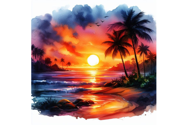 4-watercolor-sunset-on-the-beach-silhouettes-of-palm-trees-on-beach-w