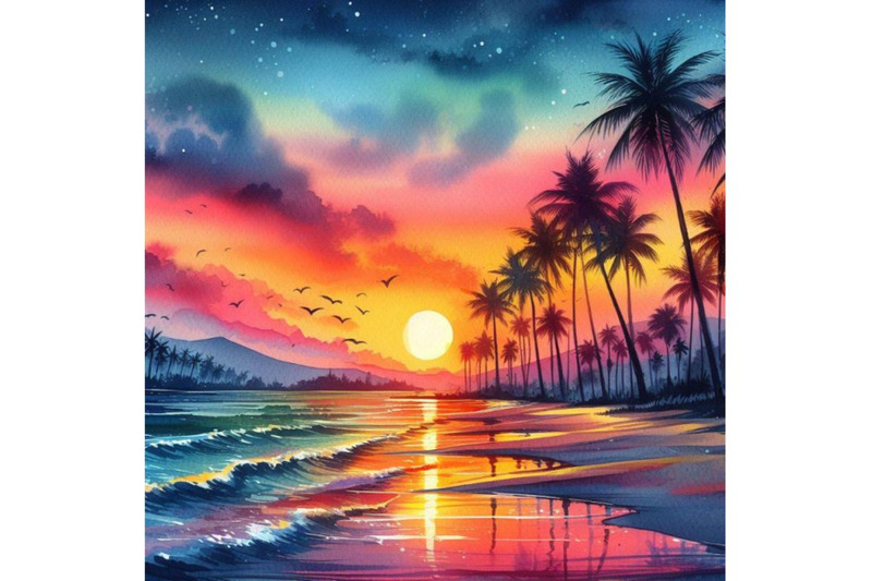 4-watercolor-sunset-on-the-beach-silhouettes-of-palm-trees-on-beach-w