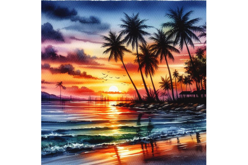 4-watercolor-sunset-on-the-beach-silhouettes-of-palm-trees-on-beach-w