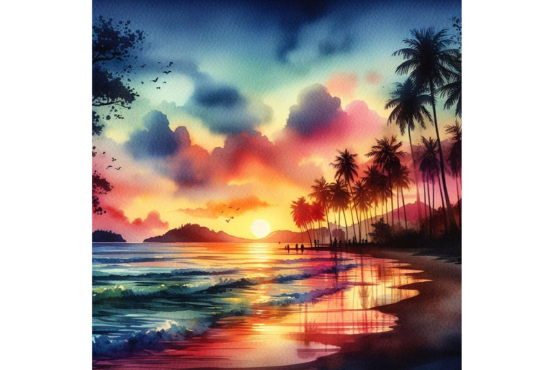 4-watercolor-sunset-on-the-beach-silhouettes-of-palm-trees-on-beach-w