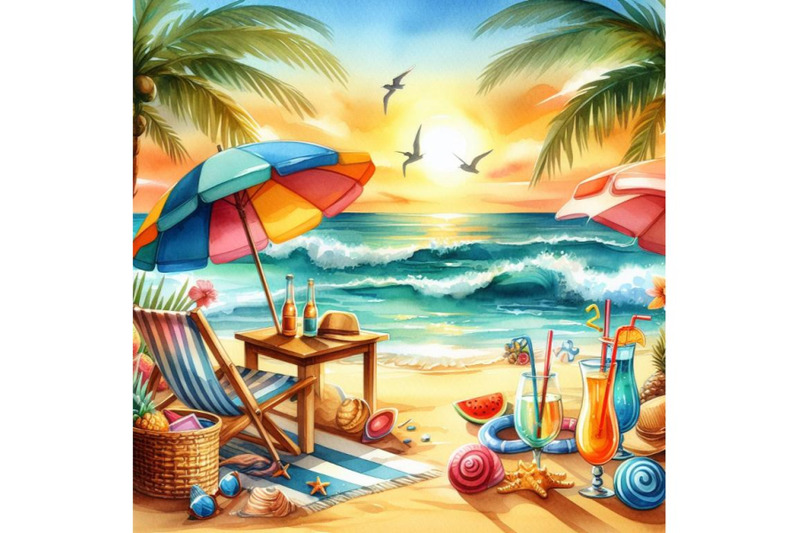 4-watercolor-summer-vacation-on-a-beach-colorful-vector-background-c