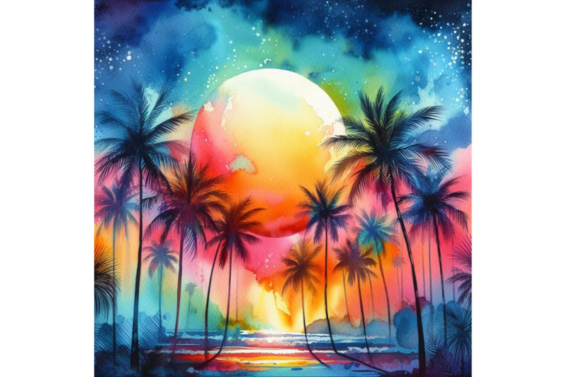 4-watercolor-palm-trees-in-front-of-a-abstract-sun-colorful-background