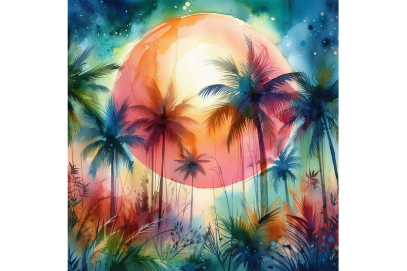 4-watercolor-palm-trees-in-front-of-a-abstract-sun-colorful-background