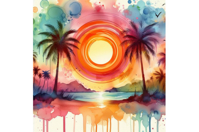 4-watercolor-palm-trees-in-front-of-a-abstract-sun-colorful-background