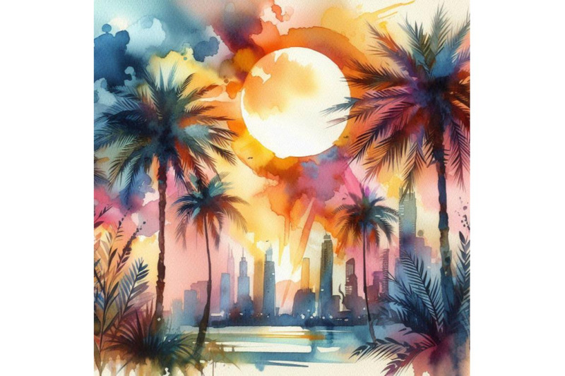 4-watercolor-palm-trees-in-front-of-a-abstract-sun-colorful-background