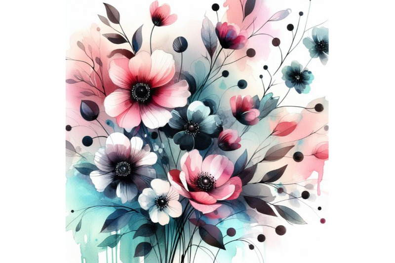 4-watercolor-retro-spring-flowers-stylized-abstract-pink-and-black-fl