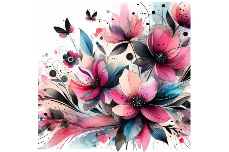 4-watercolor-retro-spring-flowers-stylized-abstract-pink-and-black-fl