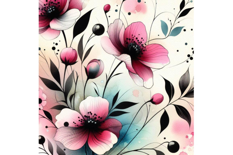 4-watercolor-retro-spring-flowers-stylized-abstract-pink-and-black-fl