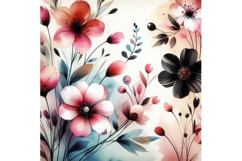 4-watercolor-retro-spring-flowers-stylized-abstract-pink-and-black-fl