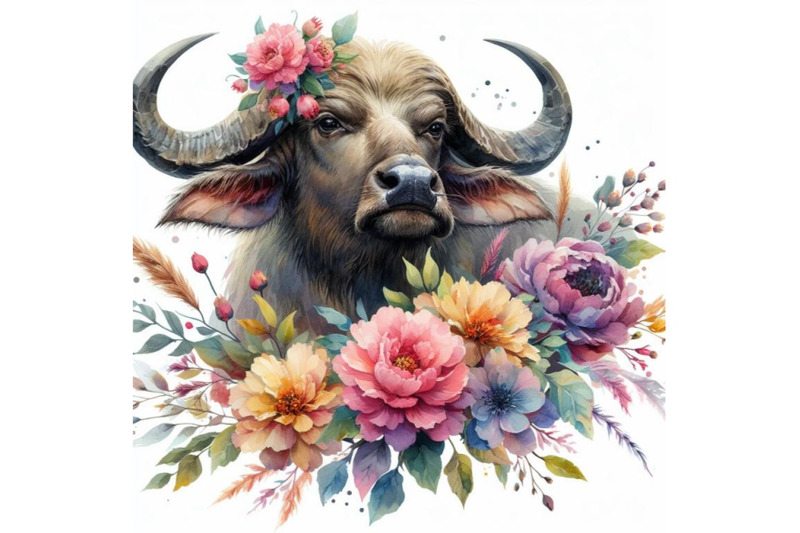 4-watercolor-watercolor-buffalo-head-with-flowers-isolate-on-white-bac