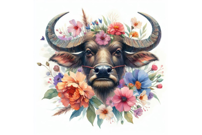 4-watercolor-watercolor-buffalo-head-with-flowers-isolate-on-white-bac