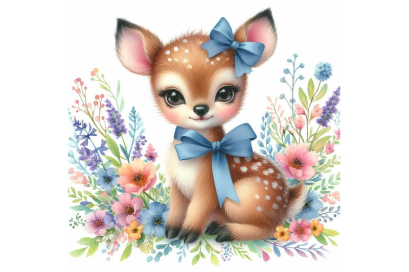 4-watercolor-cute-watercolor-baby-deer-with-the-blue-ribbon-surrounded