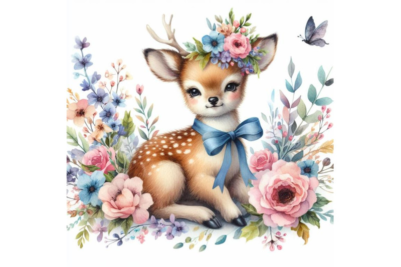 4-watercolor-cute-watercolor-baby-deer-with-the-blue-ribbon-surrounded