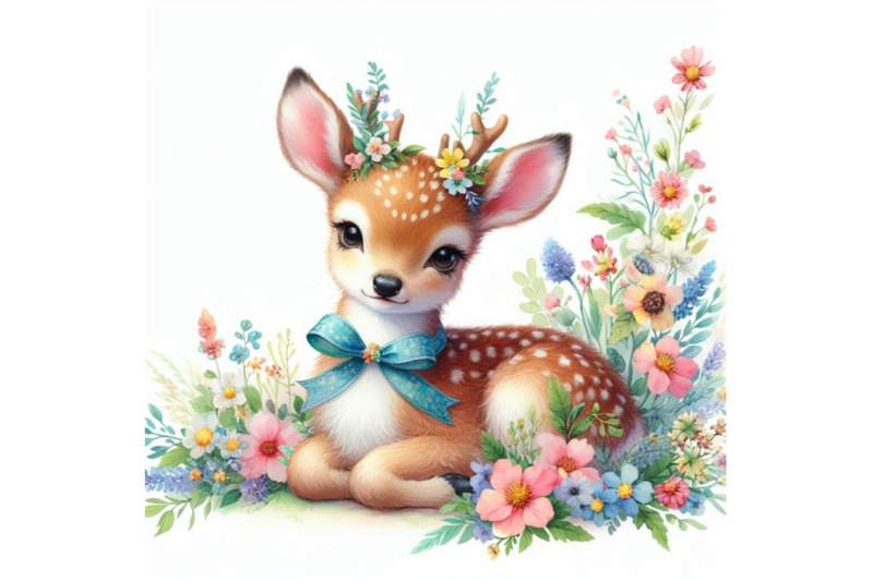 4-watercolor-cute-watercolor-baby-deer-with-the-blue-ribbon-surrounded