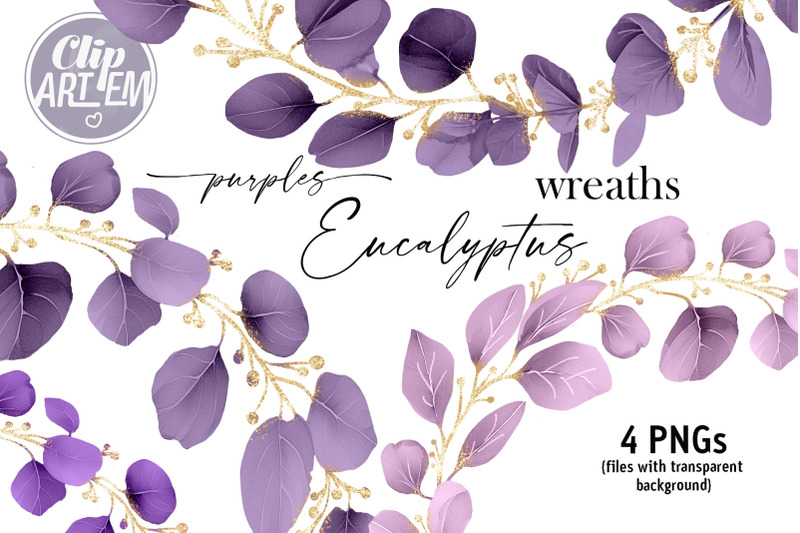 purple-gold-eucalyptus-wreath-bundle-4-png-digital-images-clip-art