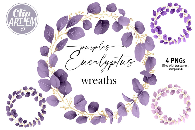 purple-gold-eucalyptus-wreath-bundle-4-png-digital-images-clip-art